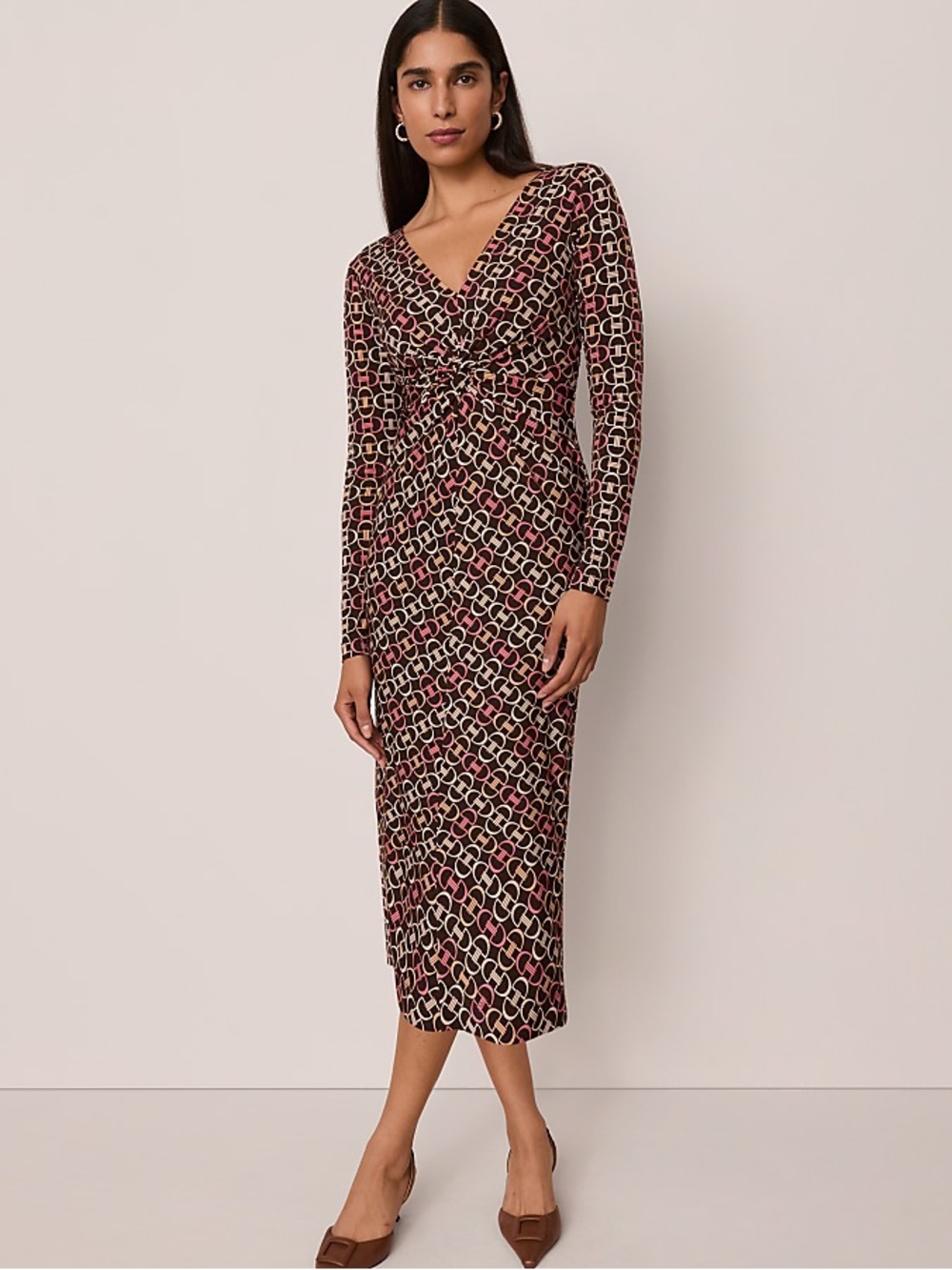 NWT Ann Taylor 4 Petite Long Sleeve V-Neck Chain Link Knit Dress Pink and Cream